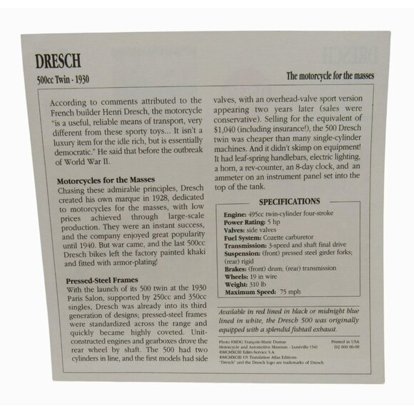 Dresch 500cc Twin Touring France 1930 Motorcycle Spec Card - Picture 2 of 2